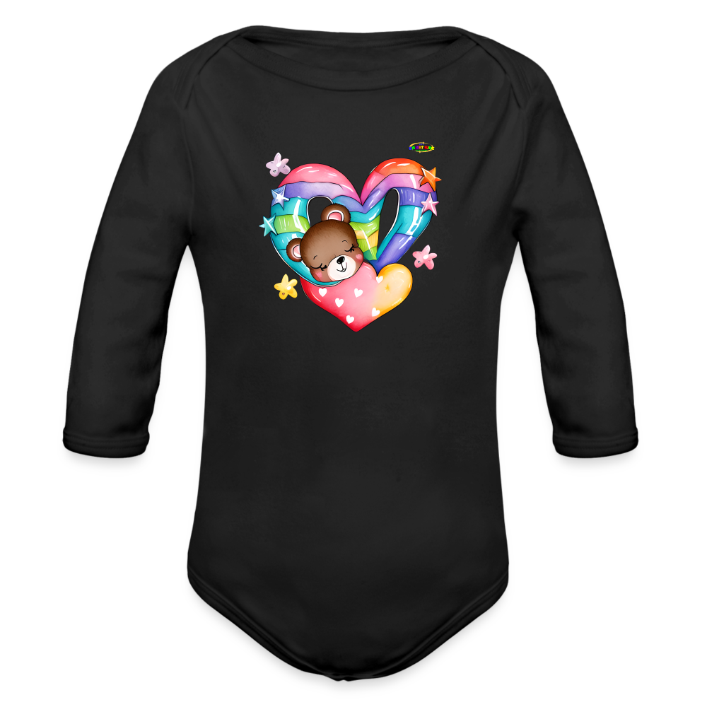 Cute Rainbow Heart Sleeping Teddy Bear Graphic -Organic Long Sleeve Baby Bodysuit-mybrightsideclothing.com - black