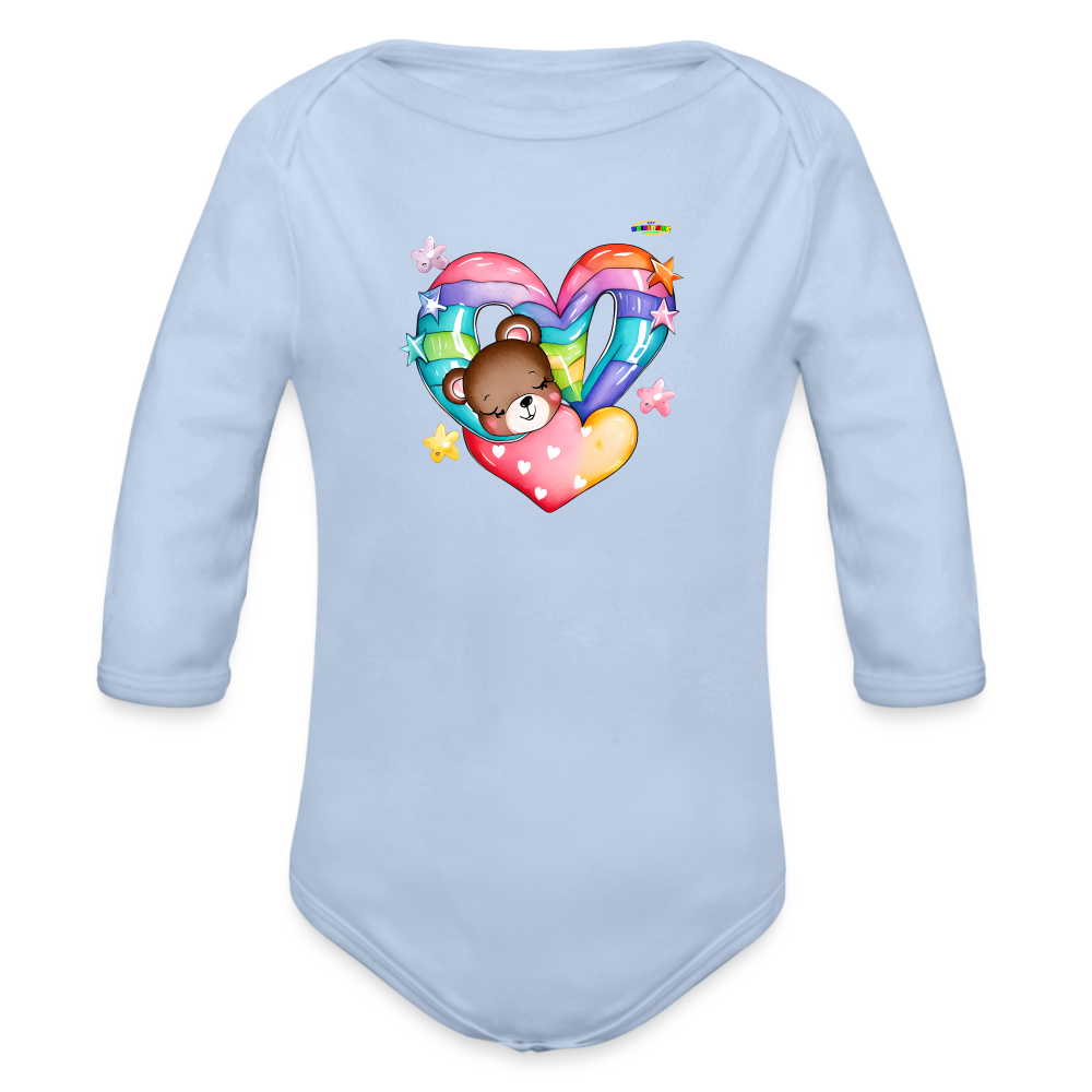 Cute Rainbow Heart Sleeping Teddy Bear Graphic -Organic Long Sleeve Baby Bodysuit-mybrightsideclothing.com - sky