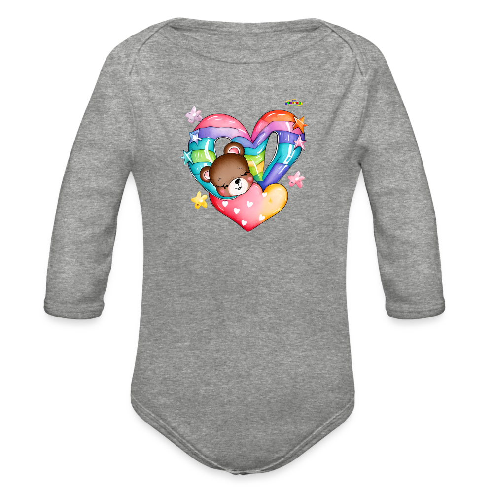 Cute Rainbow Heart Sleeping Teddy Bear Graphic -Organic Long Sleeve Baby Bodysuit-mybrightsideclothing.com - heather grey