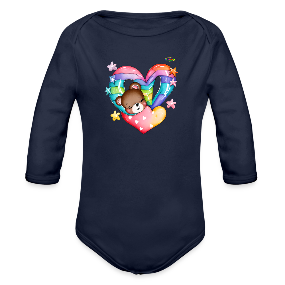 Cute Rainbow Heart Sleeping Teddy Bear Graphic -Organic Long Sleeve Baby Bodysuit-mybrightsideclothing.com - dark navy