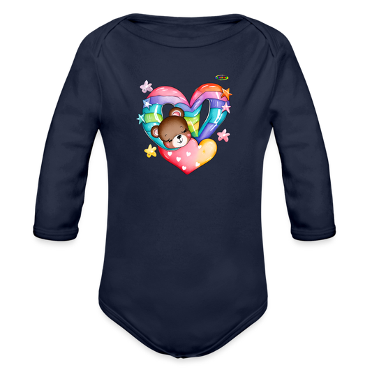 Cute Rainbow Heart Sleeping Teddy Bear Graphic -Organic Long Sleeve Baby Bodysuit-mybrightsideclothing.com - dark navy