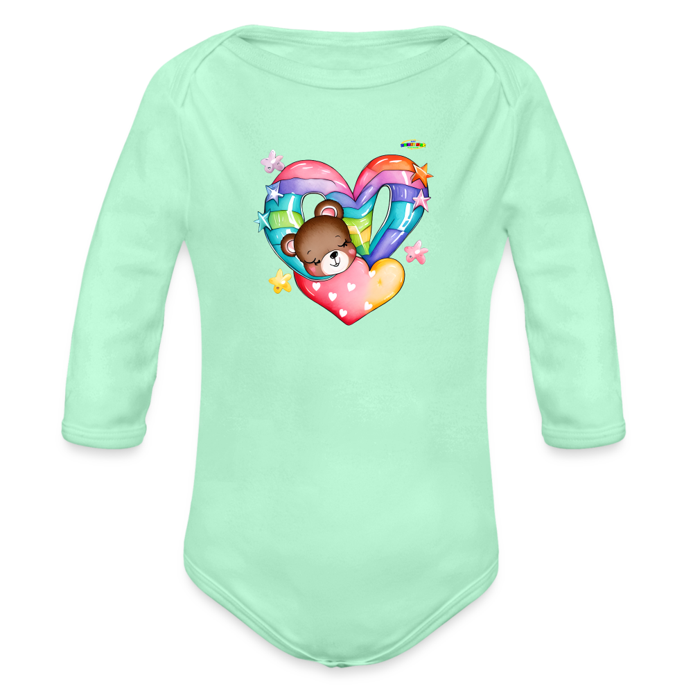 Cute Rainbow Heart Sleeping Teddy Bear Graphic -Organic Long Sleeve Baby Bodysuit-mybrightsideclothing.com - light mint