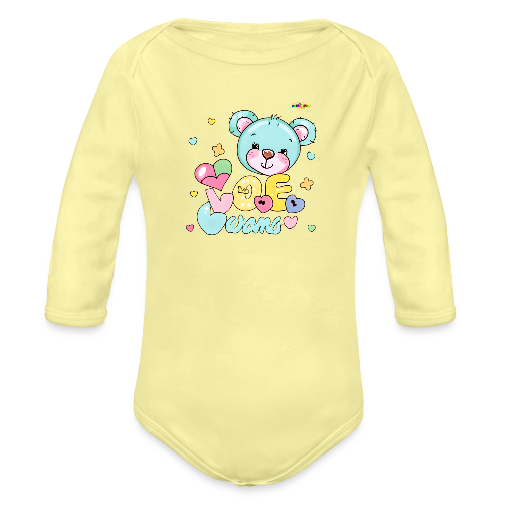 Cute Hugs and kisses Teddy Bear Graphic -Organic Long Sleeve Baby Bodysuit-mybrightsideclothing.com - washed yellow