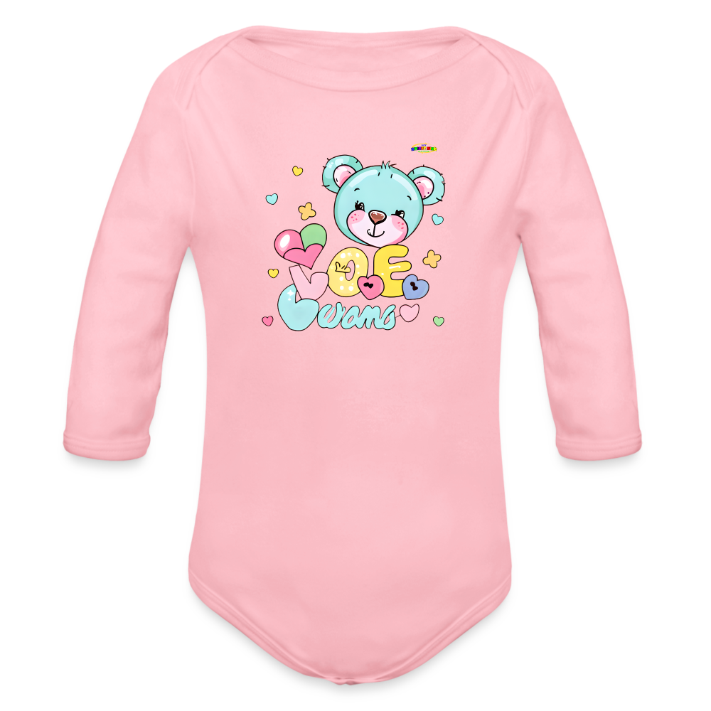 Cute Hugs and kisses Teddy Bear Graphic -Organic Long Sleeve Baby Bodysuit-mybrightsideclothing.com - light pink