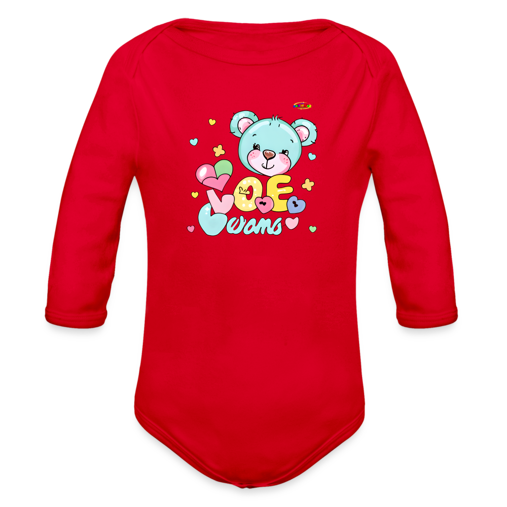 Cute Hugs and kisses Teddy Bear Graphic -Organic Long Sleeve Baby Bodysuit-mybrightsideclothing.com - red