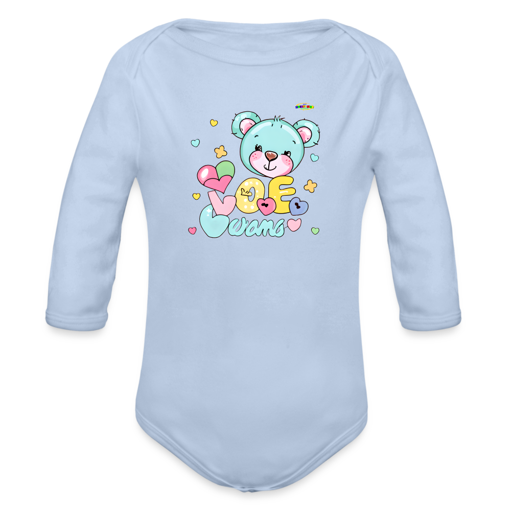 Cute Hugs and kisses Teddy Bear Graphic -Organic Long Sleeve Baby Bodysuit-mybrightsideclothing.com - sky