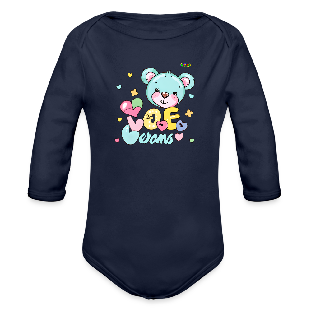 Cute Hugs and kisses Teddy Bear Graphic -Organic Long Sleeve Baby Bodysuit-mybrightsideclothing.com - dark navy