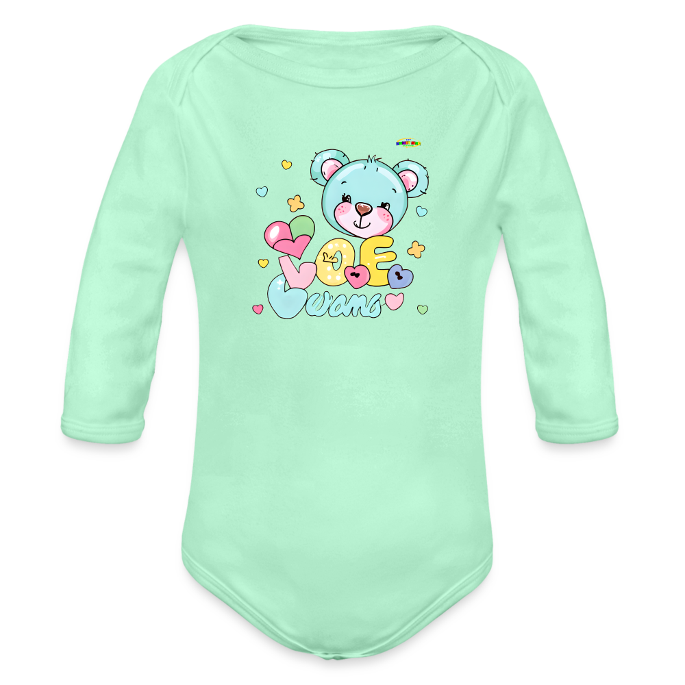 Cute Hugs and kisses Teddy Bear Graphic -Organic Long Sleeve Baby Bodysuit-mybrightsideclothing.com - light mint