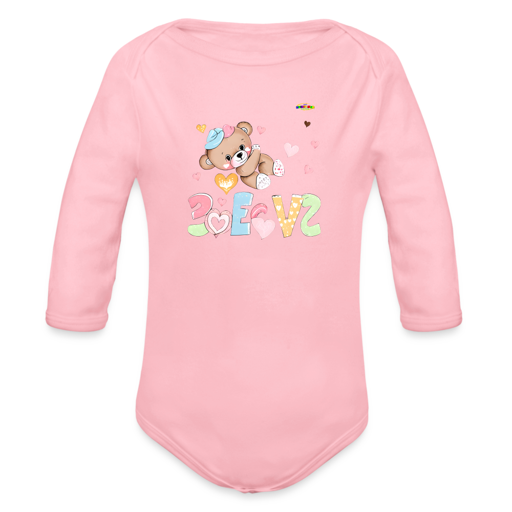 Cute Love Teddy Bear Graphic -Organic Long Sleeve Baby Bodysuit-mybrightsideclothing.com - light pink