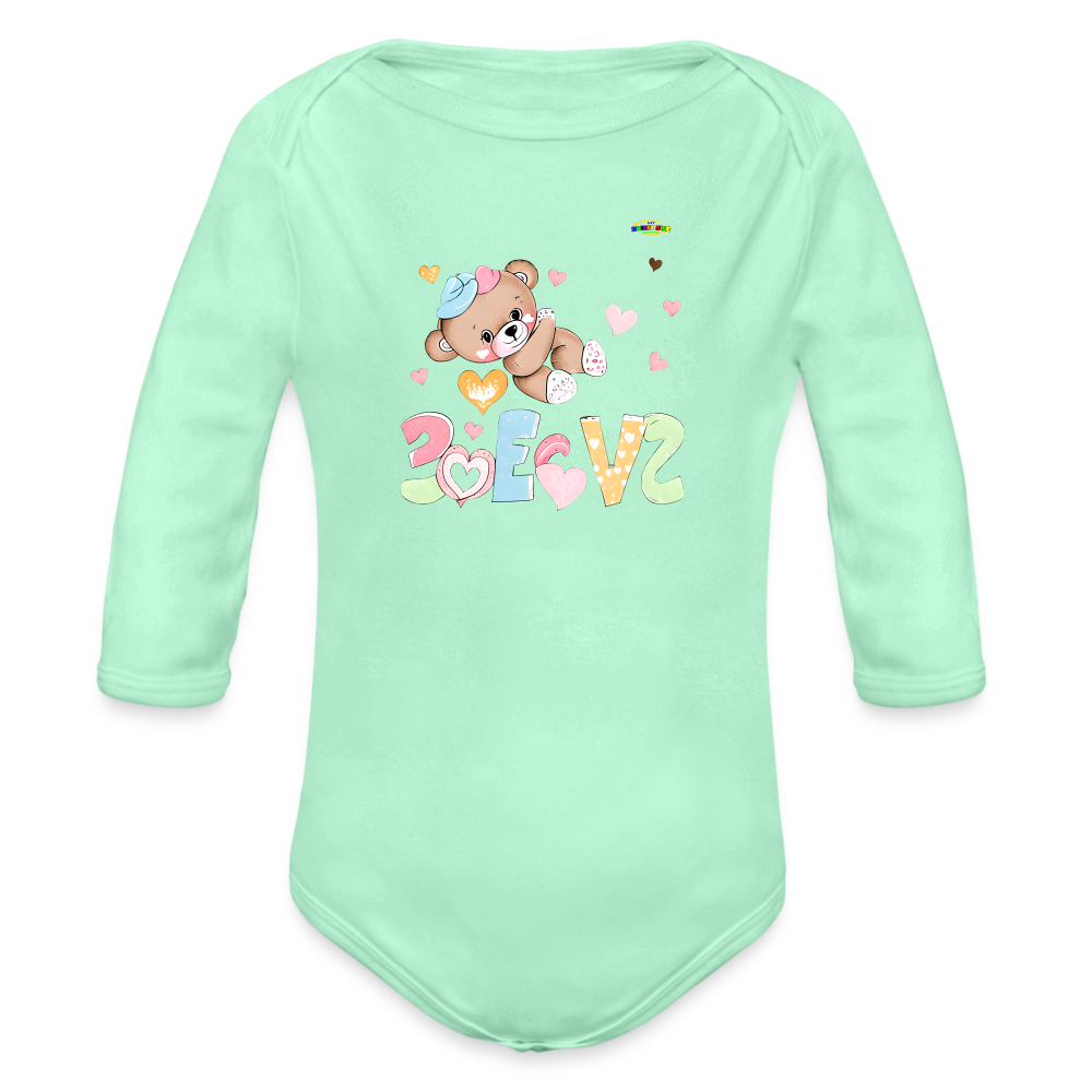 Cute Love Teddy Bear Graphic -Organic Long Sleeve Baby Bodysuit-mybrightsideclothing.com - light mint