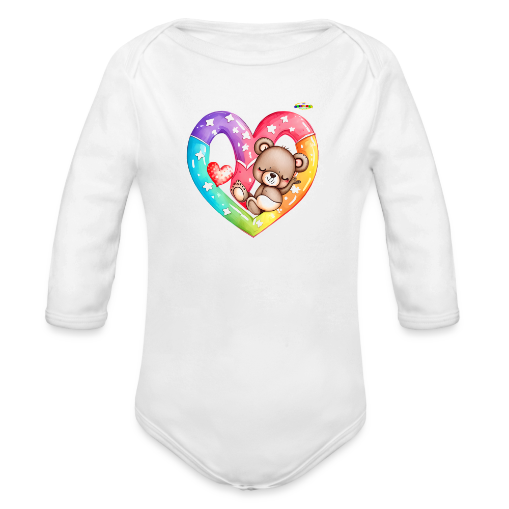 Cute Sleeping Rainbow Heart Teddy Bear Graphic -Organic Long Sleeve Baby Bodysuit-mybrightsideclothing.com - white