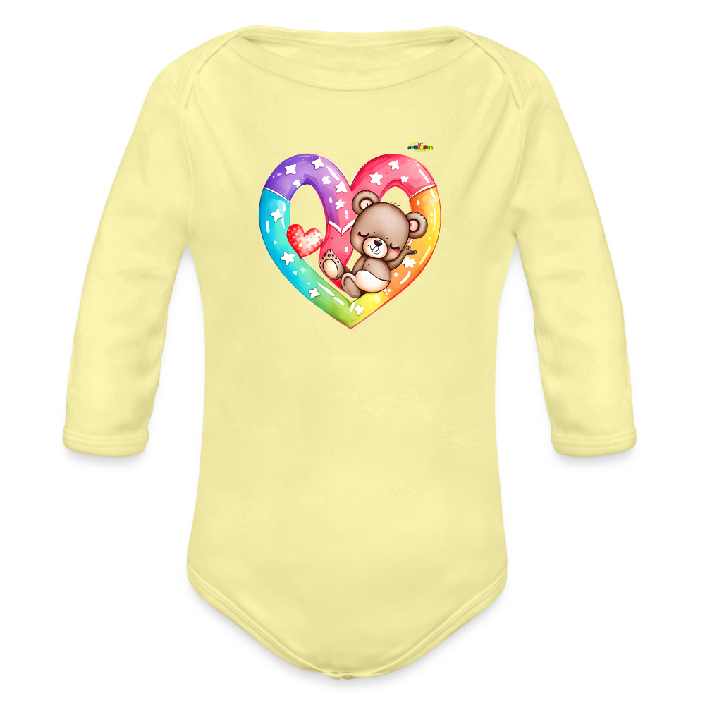 Cute Sleeping Rainbow Heart Teddy Bear Graphic -Organic Long Sleeve Baby Bodysuit-mybrightsideclothing.com - washed yellow