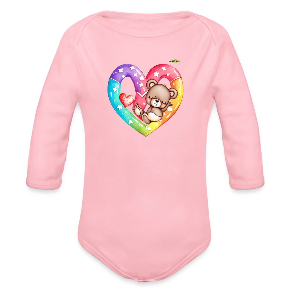 Cute Sleeping Rainbow Heart Teddy Bear Graphic -Organic Long Sleeve Baby Bodysuit-mybrightsideclothing.com - light pink