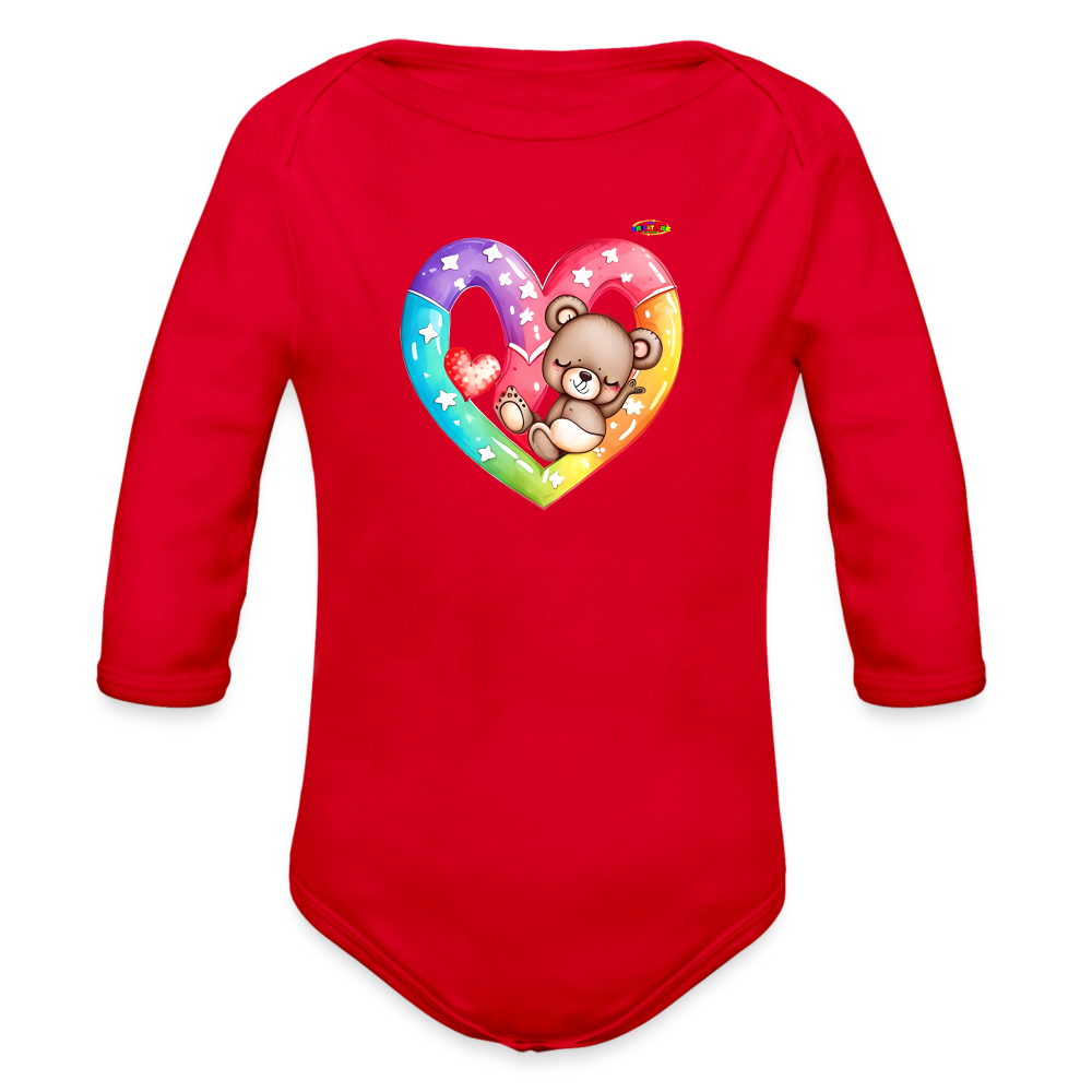 Cute Sleeping Rainbow Heart Teddy Bear Graphic -Organic Long Sleeve Baby Bodysuit-mybrightsideclothing.com - red