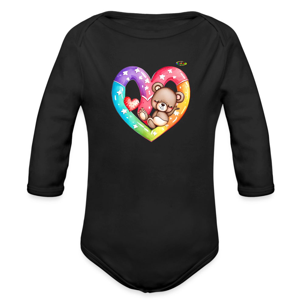 Cute Sleeping Rainbow Heart Teddy Bear Graphic -Organic Long Sleeve Baby Bodysuit-mybrightsideclothing.com - black