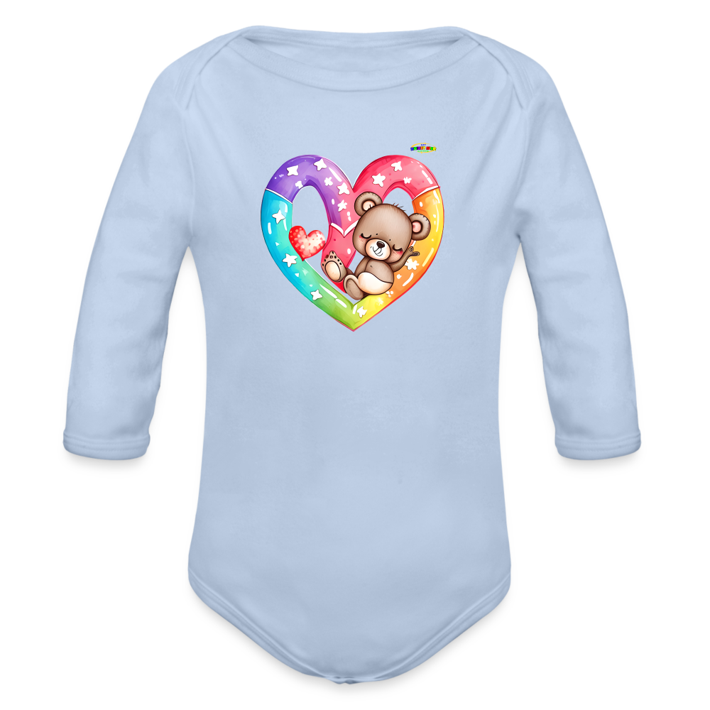 Cute Sleeping Rainbow Heart Teddy Bear Graphic -Organic Long Sleeve Baby Bodysuit-mybrightsideclothing.com - sky