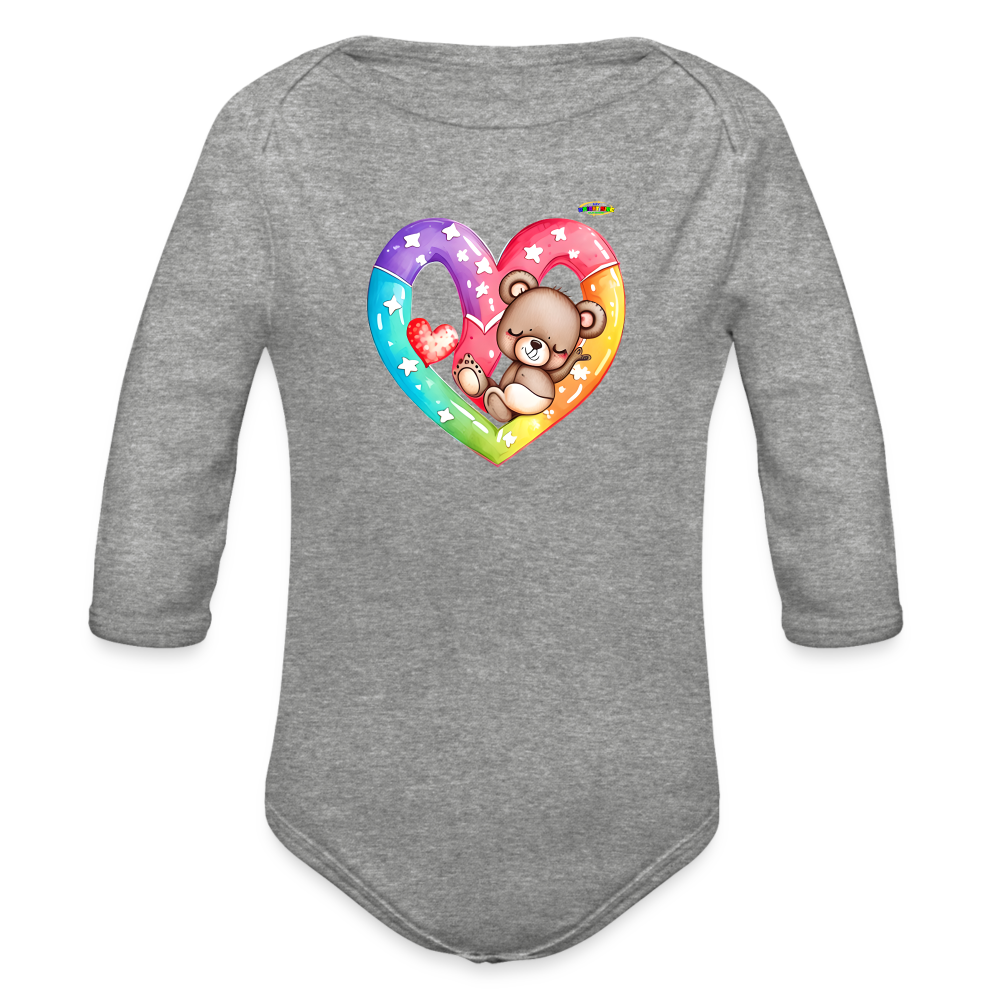 Cute Sleeping Rainbow Heart Teddy Bear Graphic -Organic Long Sleeve Baby Bodysuit-mybrightsideclothing.com - heather grey