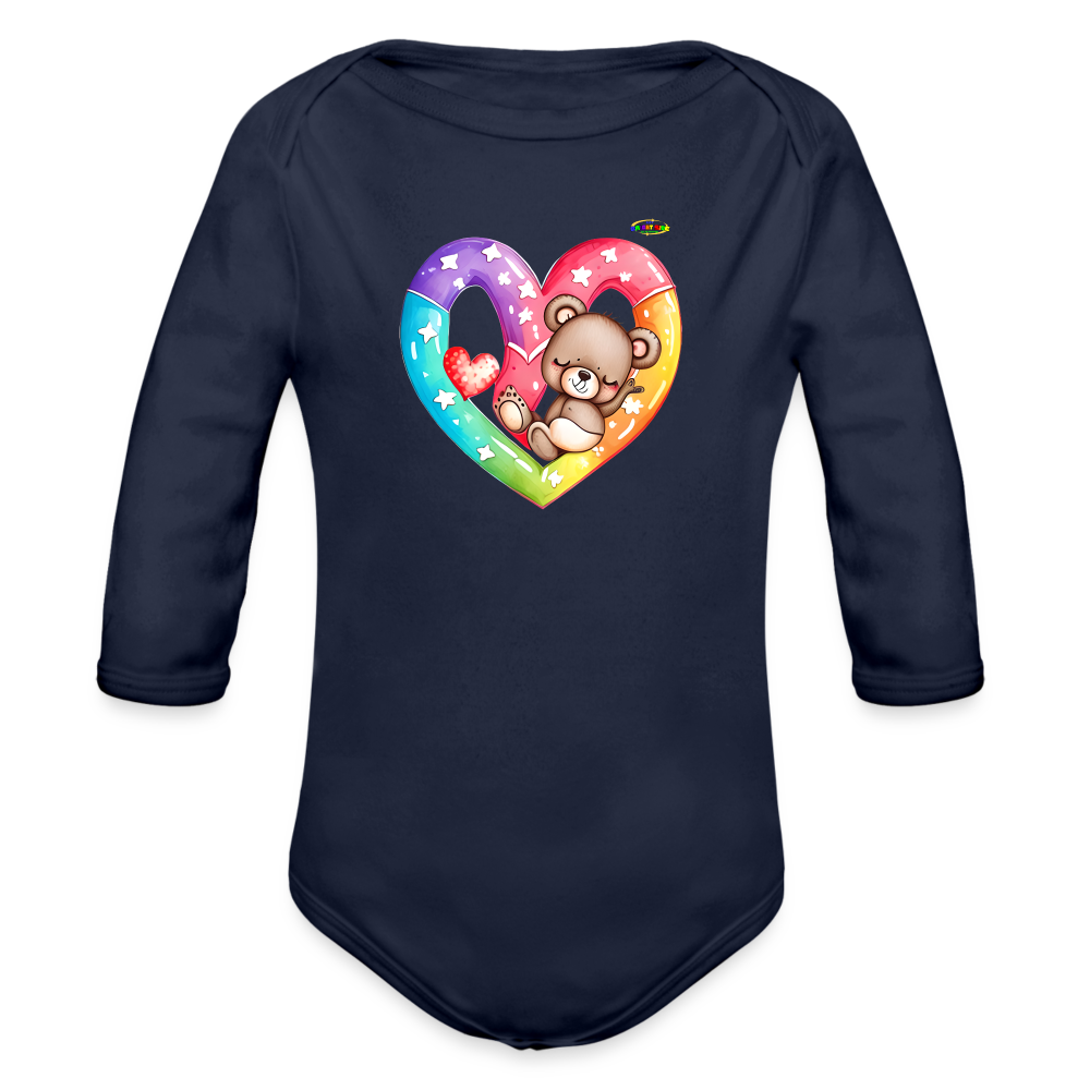 Cute Sleeping Rainbow Heart Teddy Bear Graphic -Organic Long Sleeve Baby Bodysuit-mybrightsideclothing.com - dark navy