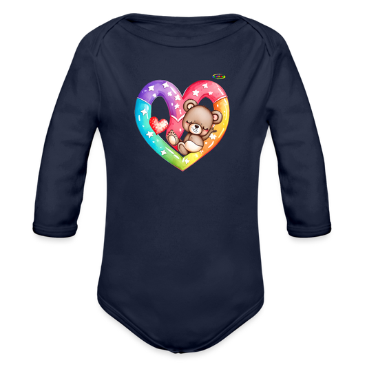 Cute Sleeping Rainbow Heart Teddy Bear Graphic -Organic Long Sleeve Baby Bodysuit-mybrightsideclothing.com - dark navy