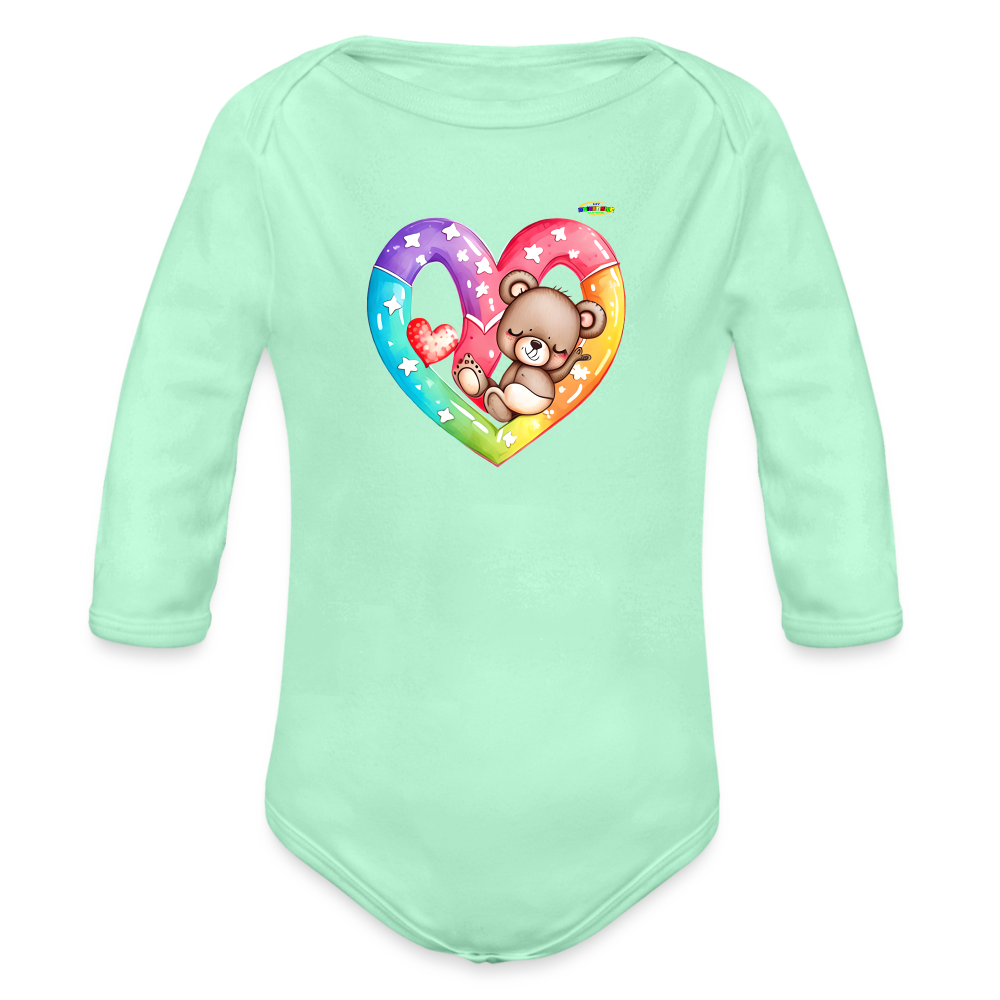 Cute Sleeping Rainbow Heart Teddy Bear Graphic -Organic Long Sleeve Baby Bodysuit-mybrightsideclothing.com - light mint