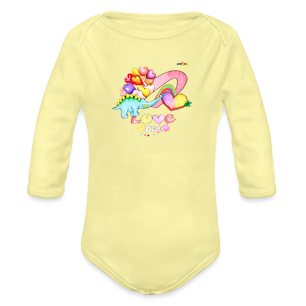 Cute Sweet Hearts Dino Graphic -Organic Long Sleeve Baby Bodysuit-mybrightsideclothing.com - washed yellow