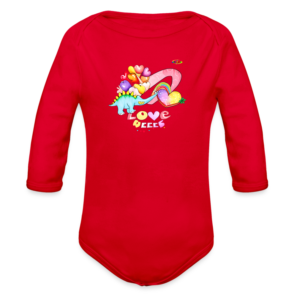 Cute Sweet Hearts Dino Graphic -Organic Long Sleeve Baby Bodysuit-mybrightsideclothing.com - red