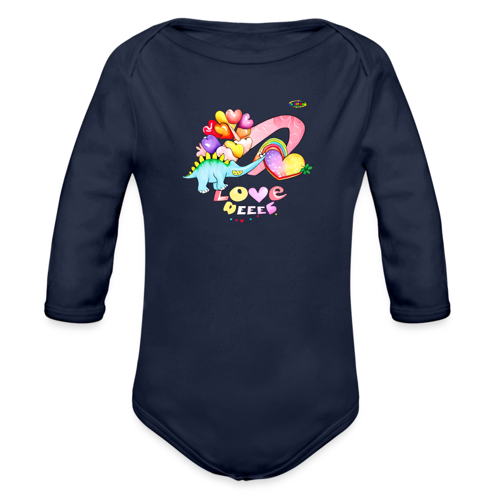 Cute Sweet Hearts Dino Graphic -Organic Long Sleeve Baby Bodysuit-mybrightsideclothing.com - dark navy