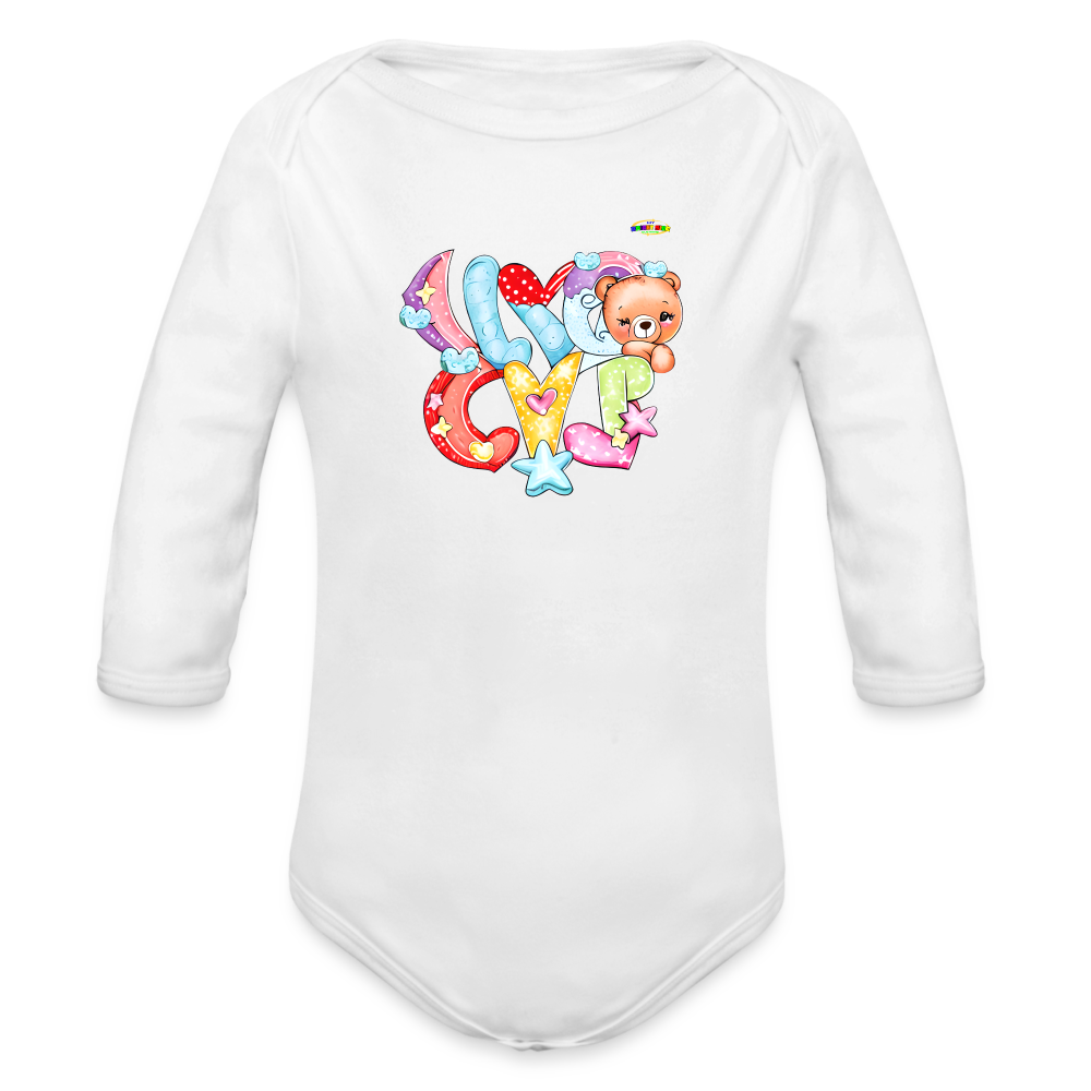 Cute Hugs and kisses Teddy Bear Graphic -Organic Long Sleeve Baby Bodysuit-mybrightsideclothing.com - white