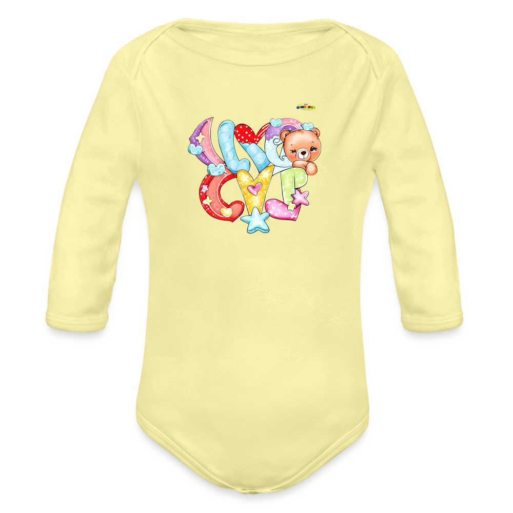 Cute Hugs and kisses Teddy Bear Graphic -Organic Long Sleeve Baby Bodysuit-mybrightsideclothing.com - washed yellow