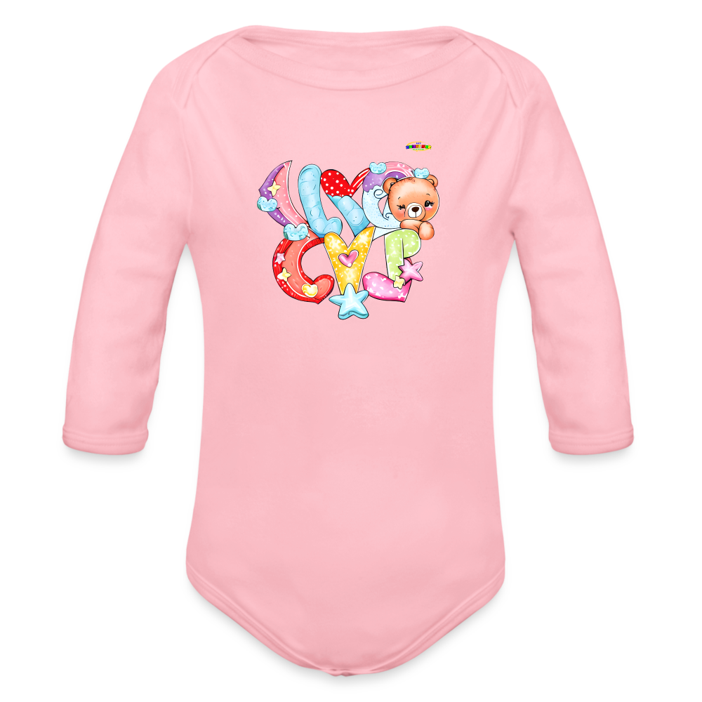 Cute Hugs and kisses Teddy Bear Graphic -Organic Long Sleeve Baby Bodysuit-mybrightsideclothing.com - light pink