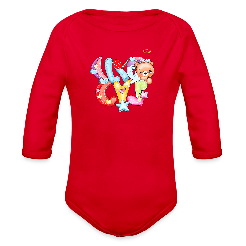 Cute Hugs and kisses Teddy Bear Graphic -Organic Long Sleeve Baby Bodysuit-mybrightsideclothing.com - red