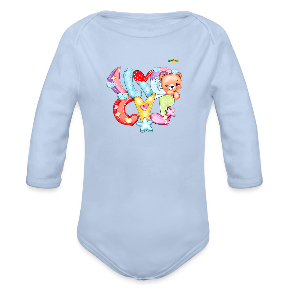 Cute Hugs and kisses Teddy Bear Graphic -Organic Long Sleeve Baby Bodysuit-mybrightsideclothing.com - sky