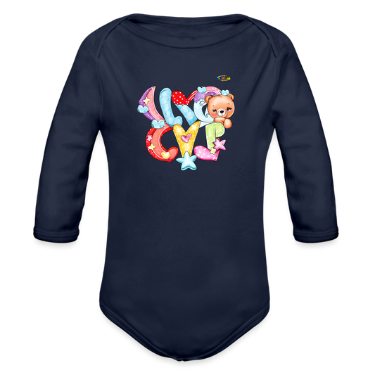 Cute Hugs and kisses Teddy Bear Graphic -Organic Long Sleeve Baby Bodysuit-mybrightsideclothing.com - dark navy