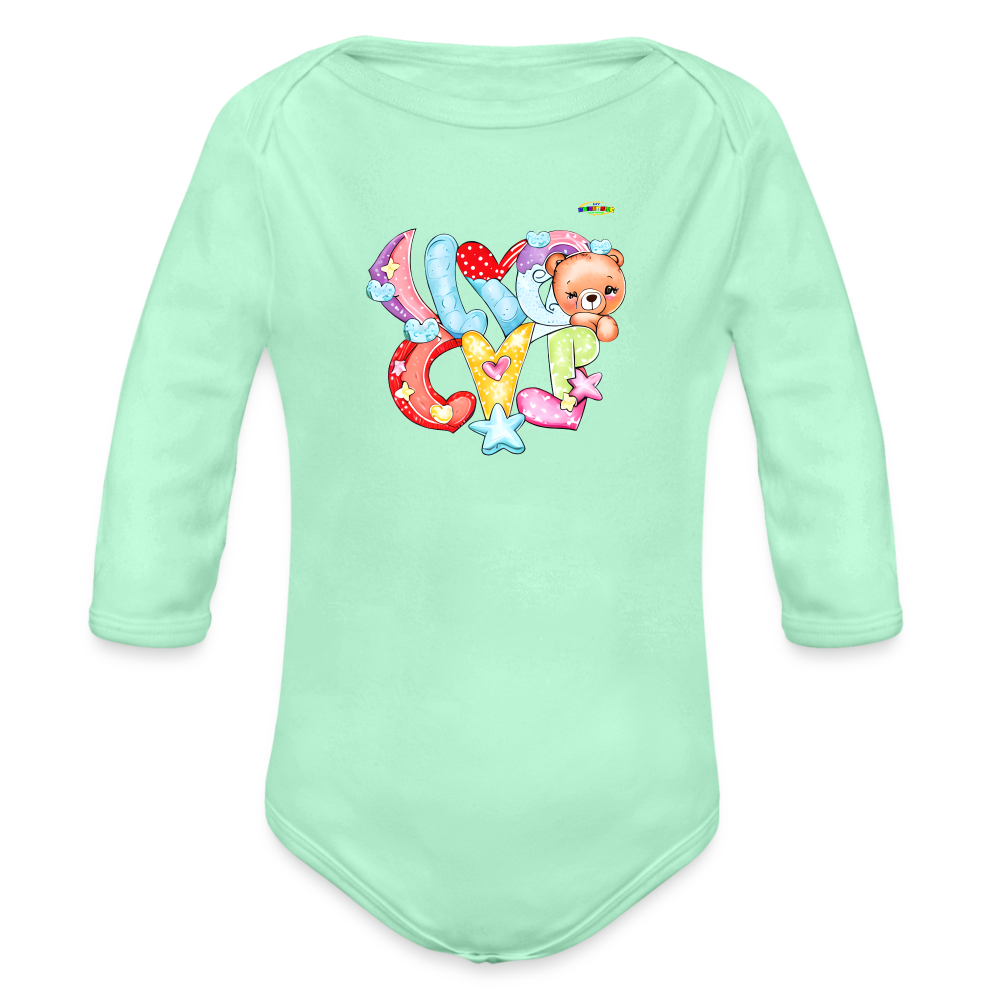 Cute Hugs and kisses Teddy Bear Graphic -Organic Long Sleeve Baby Bodysuit-mybrightsideclothing.com - light mint