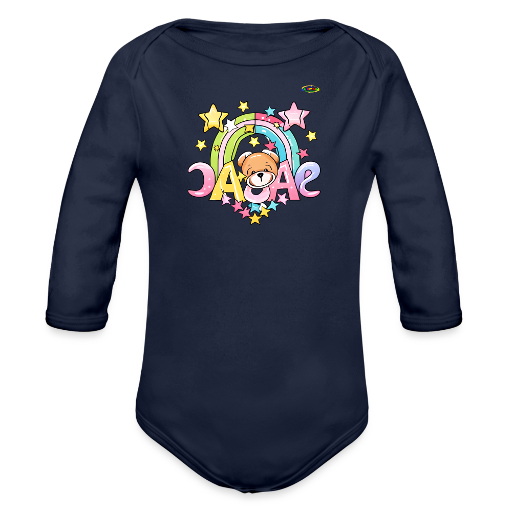 Cute Smart Star Teddy Bear Graphic -Organic Long Sleeve Baby Bodysuit-mybrightsideclothing.com - dark navy